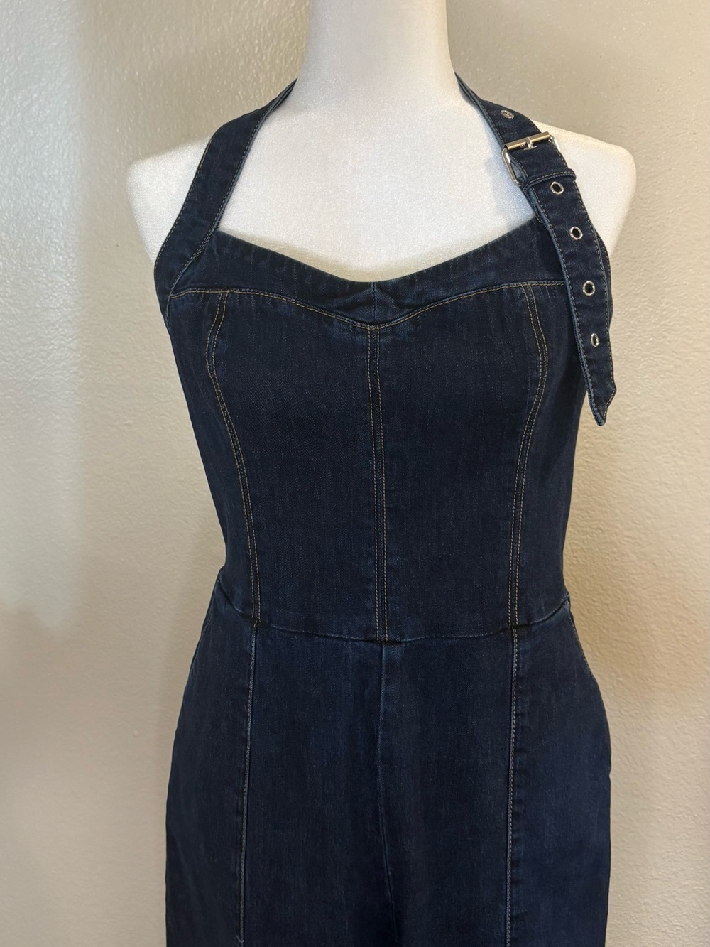 Bebe Halter Neck Buckle Detail Wide Leg Denim Jumpsuit - Picture 8 of 11